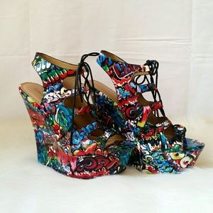 Dollhouse Graffiti Cutout Lace Up Platform Wedges